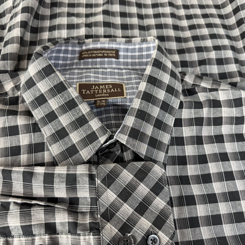 James Tattersall London Button Up Shirt Mens Black Blue Plaid XL 17-17 1/2